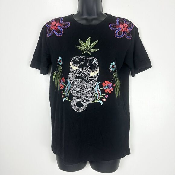 Sandro Paris Jungle Embroided Snake 100% Cotton Black Floral Floral Tee T Shirt - Picture 1 of 15